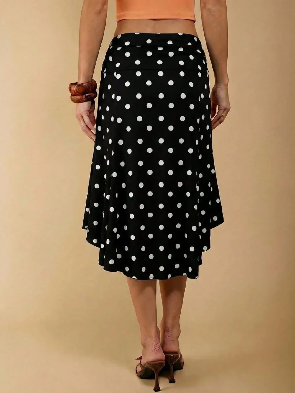 Black Elegant Women's Casual Asymmetric Hem Polka Dot Skirt